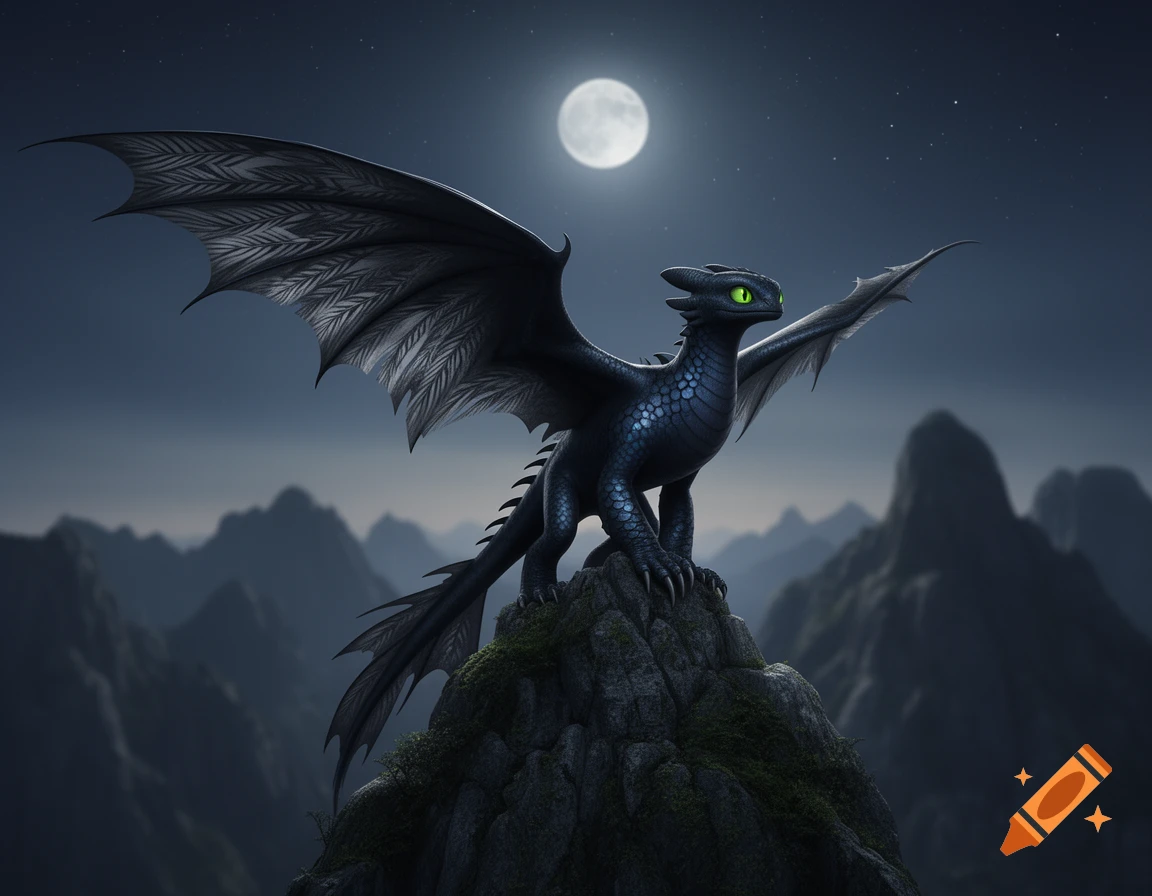 A black dragon with bright green eyes and large wings stands on a rocky peak under a full moon and starry night sky, with mountains in the background.