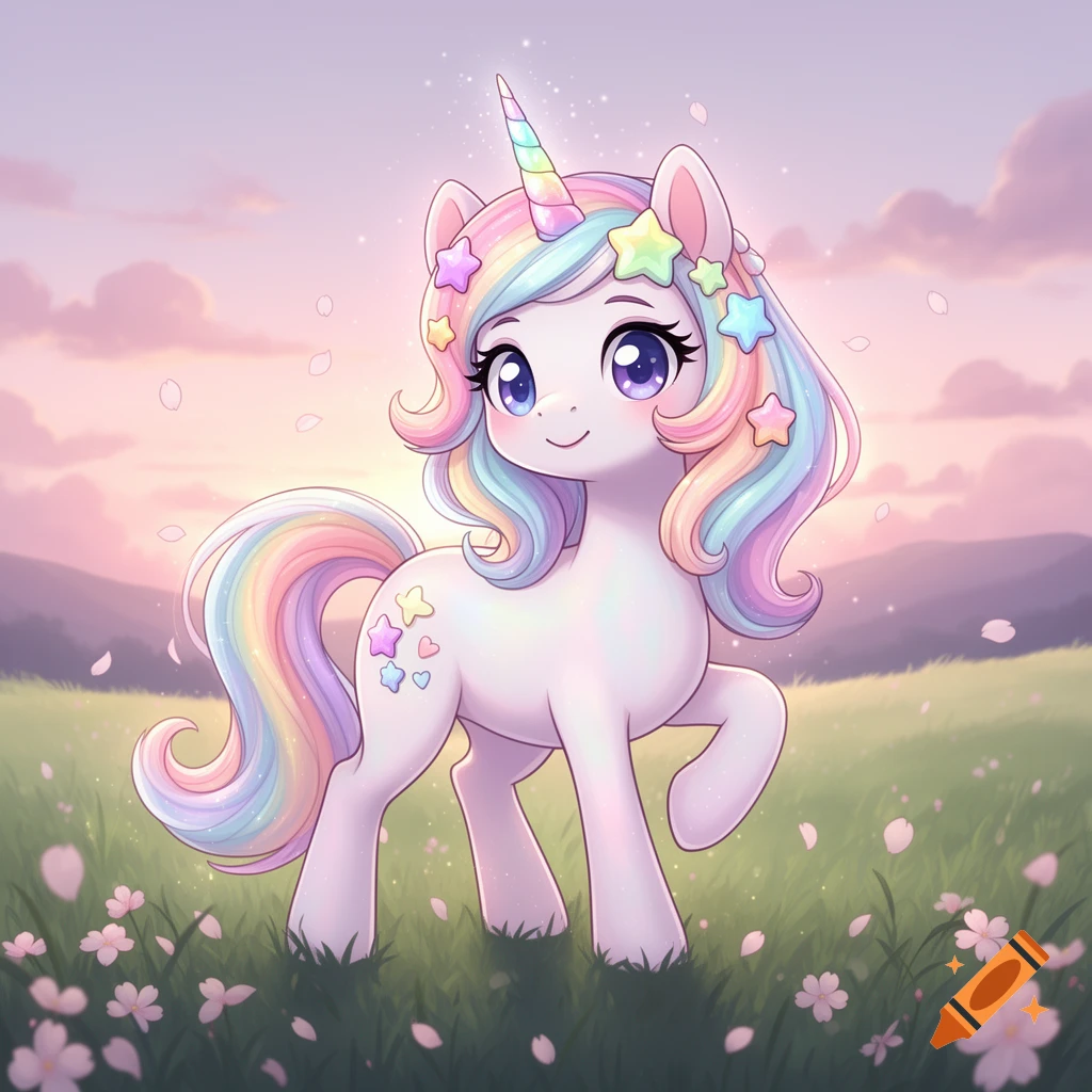 A cute, pastel rainbow unicorn pony with star decorations in its mane, standing in a field of flowers under a pink and purple sky, in a kawaii cartoon style.