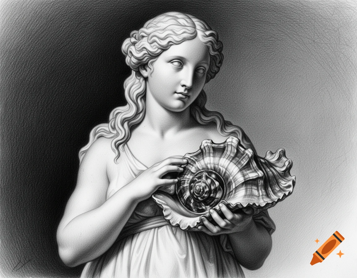 Black and white pencil drawing of a classical statue of a woman with curly hair, holding a large conch shell.