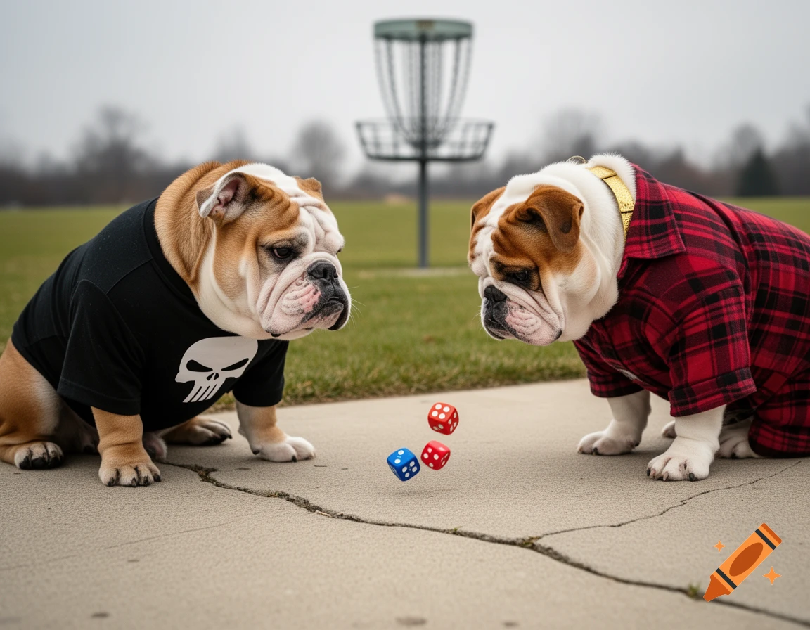 Two bulldogs, one in a Punisher shirt and one in a plaid flannel, focused on three dice floating on a concrete slab in a park with a disc golf basket in the background.