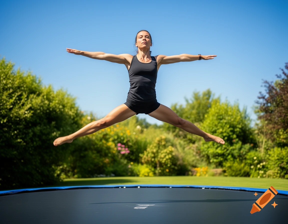 Woman in black activewear jumping mid-air on a trampoline in a sunny backyard.