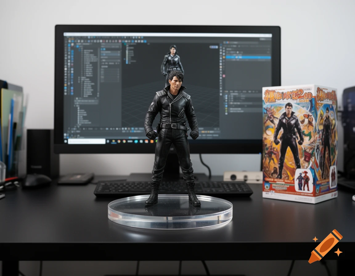 A photorealistic action figure of a man in black leather stands on a clear base on a desk with a computer and a toy box.