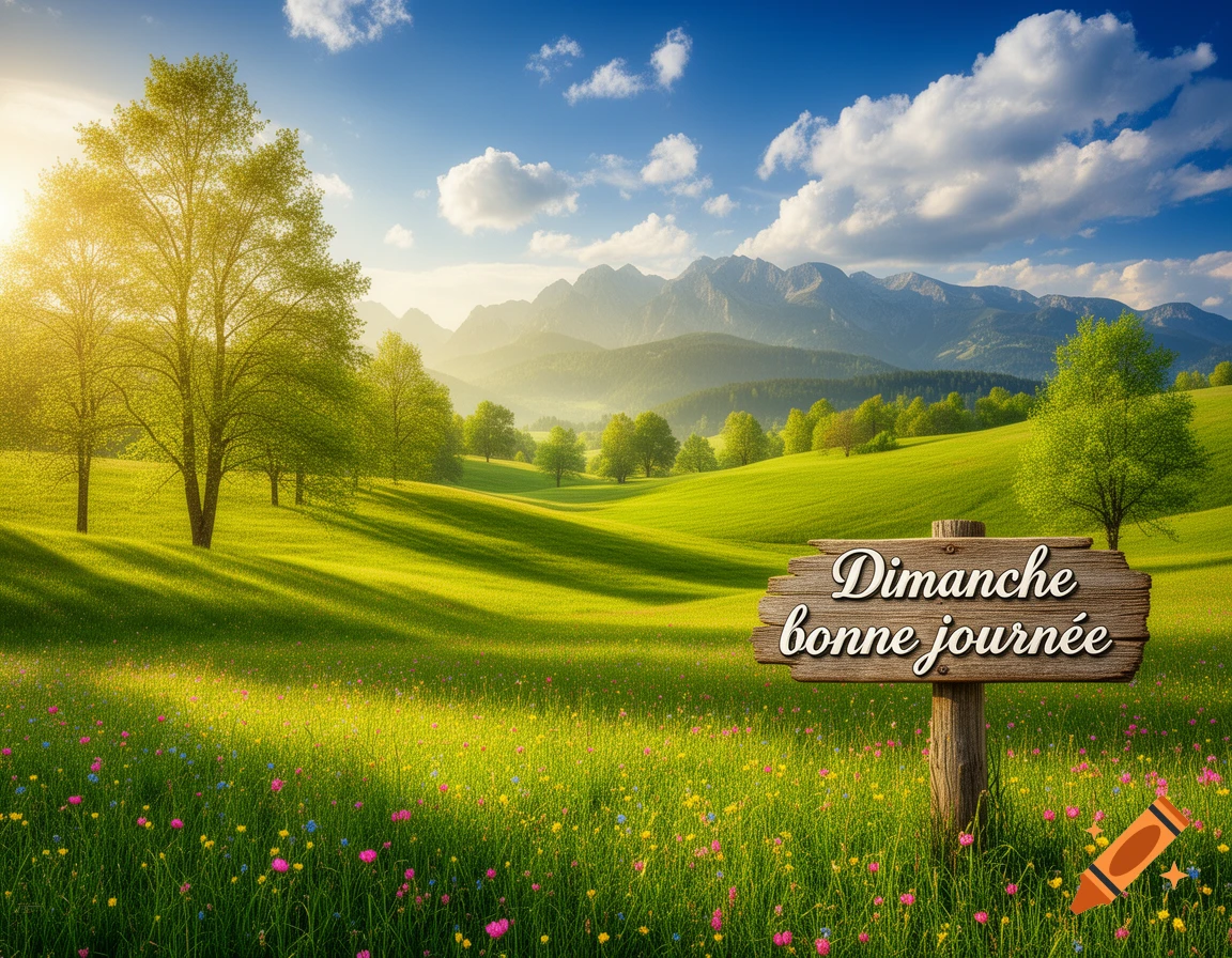 A vibrant landscape featuring rolling green hills, lush trees, and a field of colorful wildflowers under a bright blue sky with a sign reading "Dimanche bonne journ H