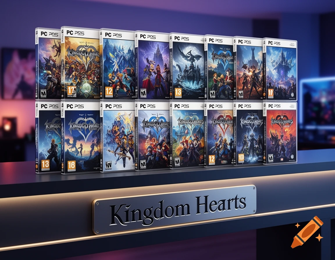 A display of Kingdom Hearts video game cases on a counter with a "Kingdom Hearts" sign, set in a dimly lit room.