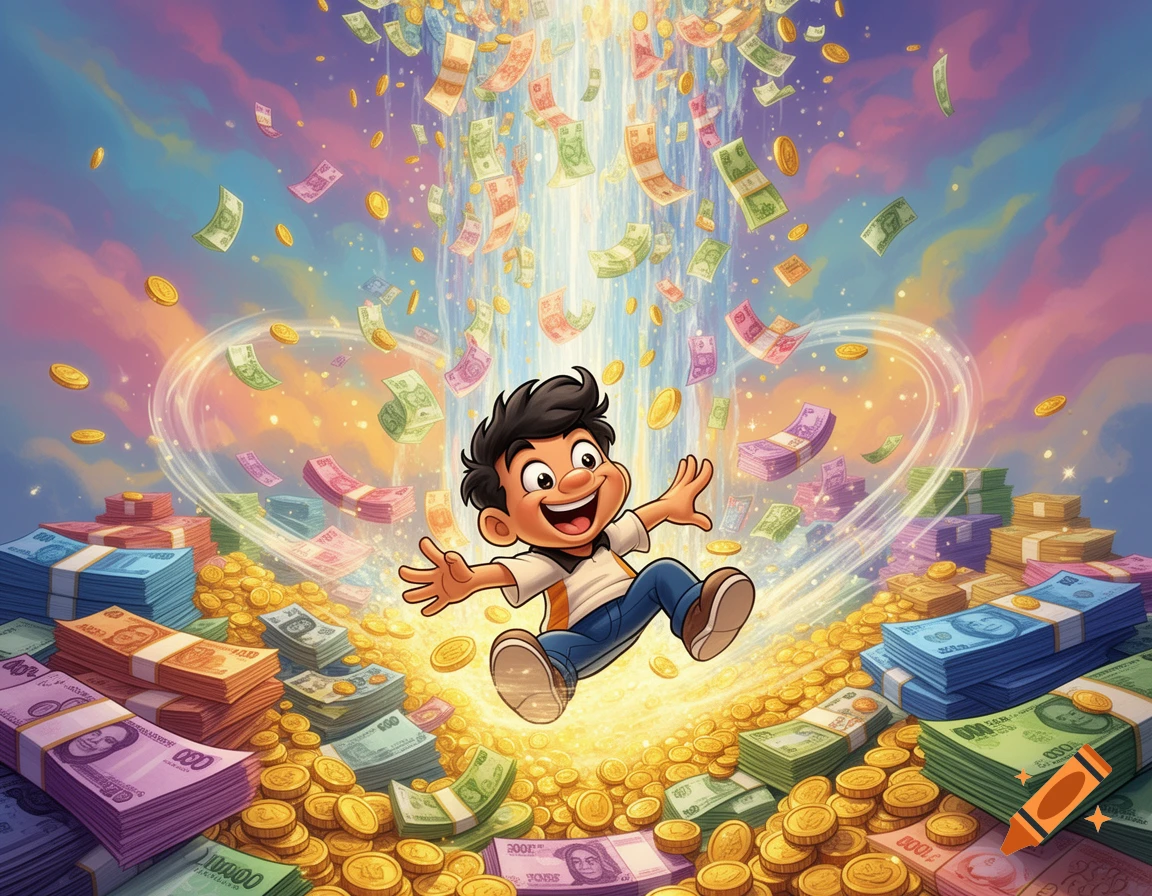 A happy cartoon boy floats excitedly surrounded by falling and piled colorful money and gold coins under a vibrant sky.