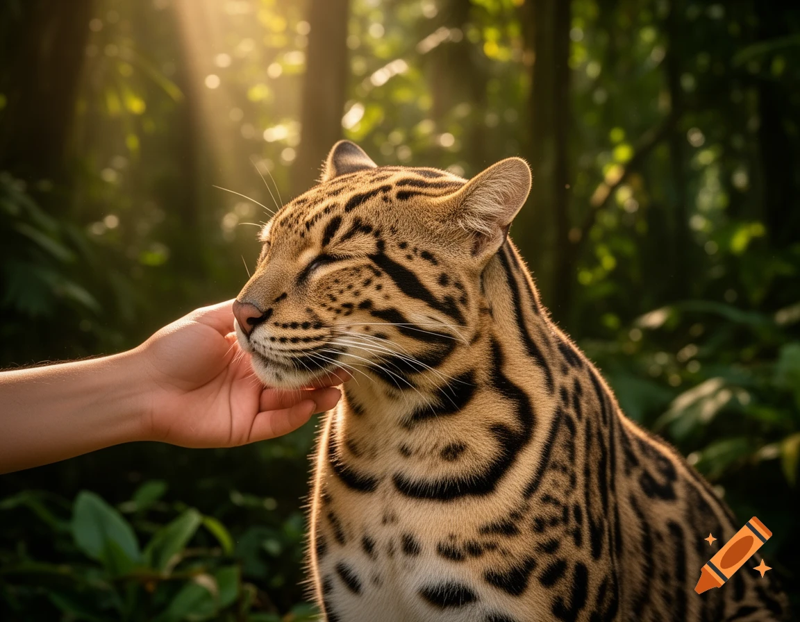 A human hand gently pets a contented ocelot with closed eyes, bathed in sunlight in a lush forest.