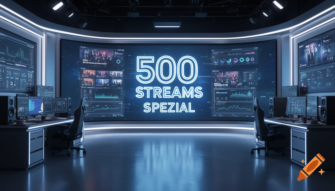 A futuristic control room with multiple screens displaying data and a large central screen showing "500 STREAMS SPEZIAL".