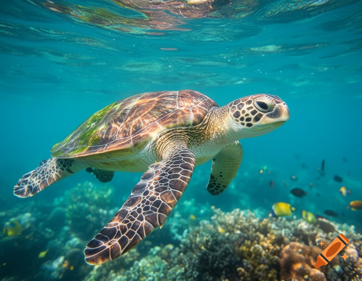 A photorealistic sea turtle swims gracefully in clear blue ocean water above a vibrant coral reef with small fish.