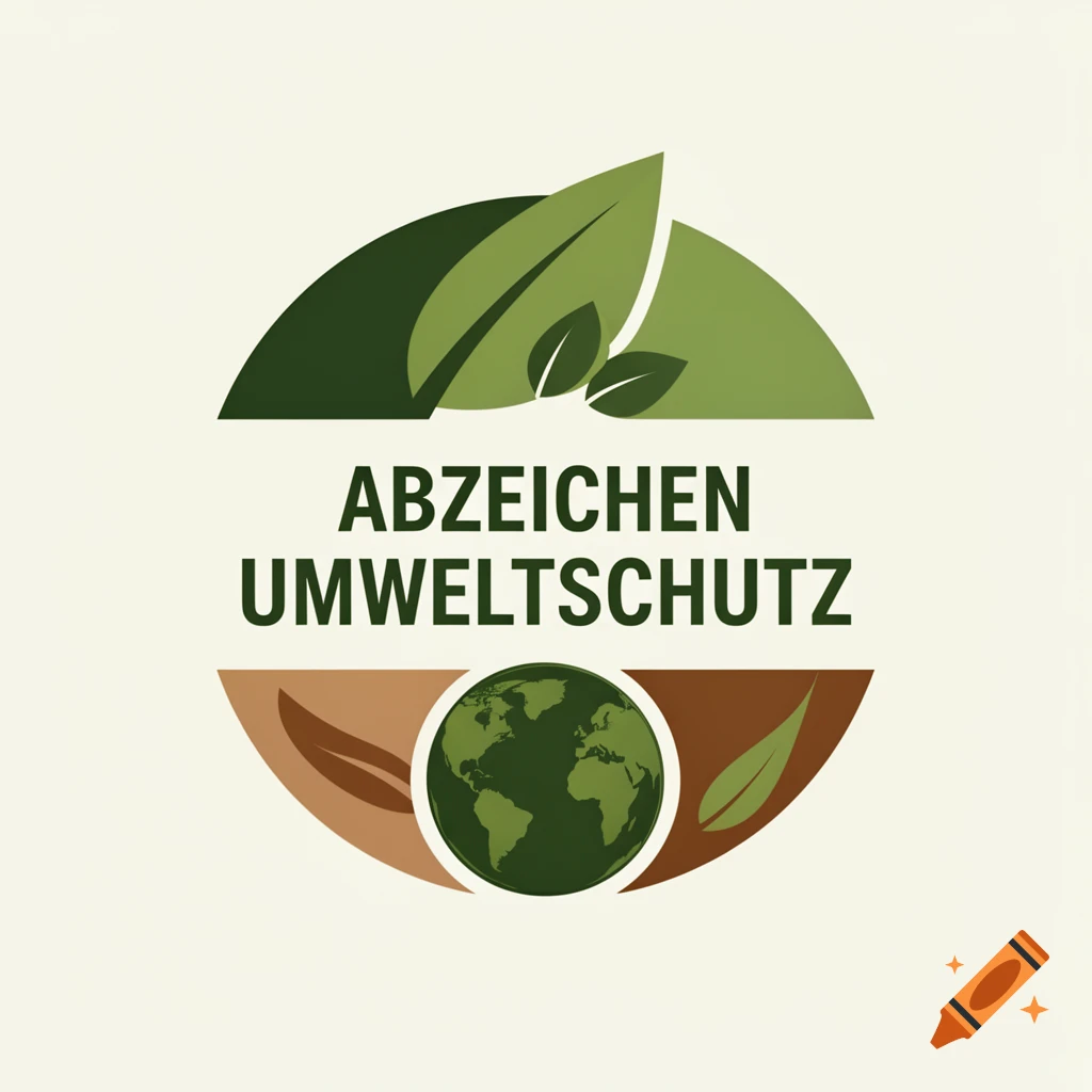 A green and brown circular logo with a globe and leaves, featuring the German text "ABZEICHEN UMWELTSCHUTZ" (Environmental Badge).