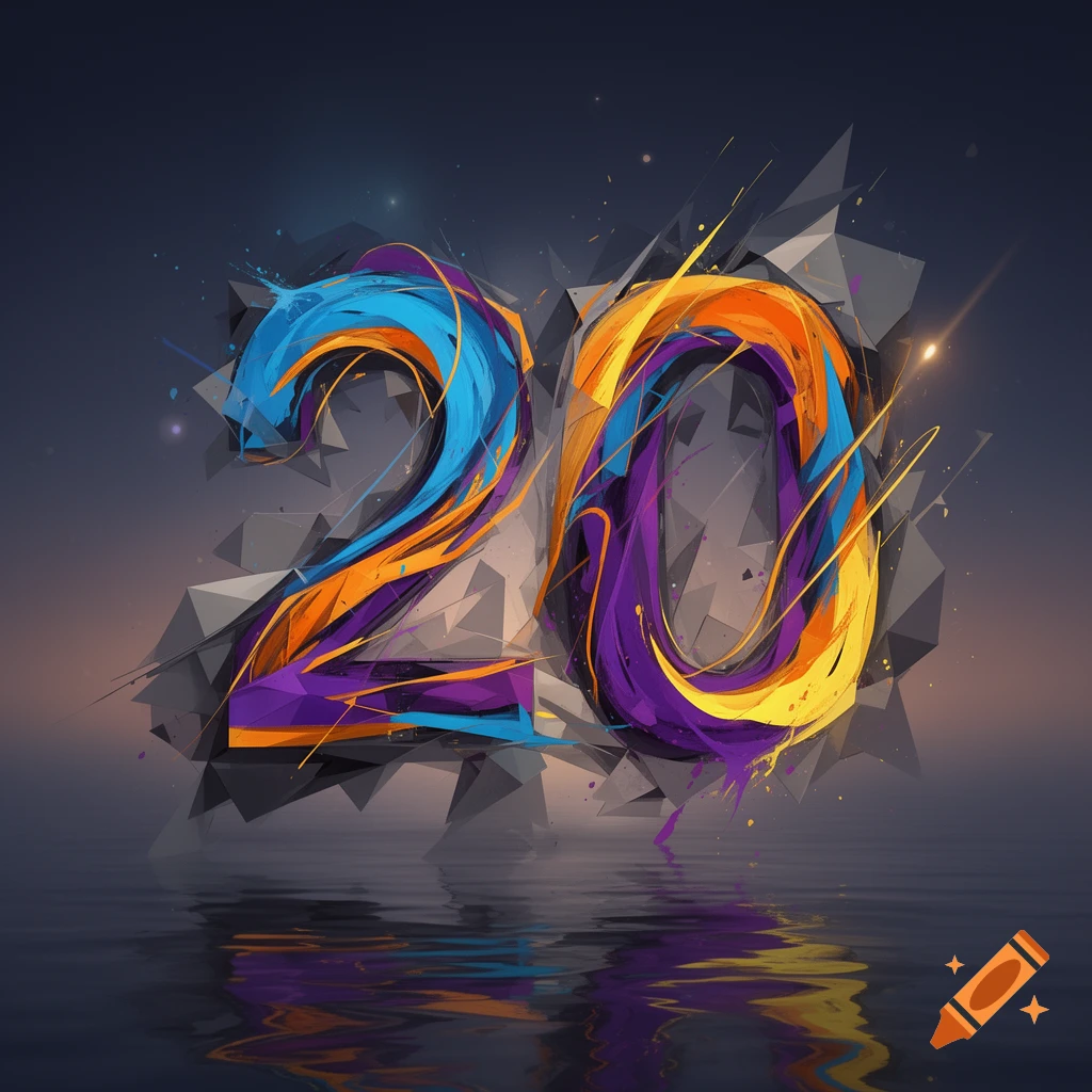 Vibrant abstract art of the number 20, composed of colorful swirling lines and geometric shapes, reflected on a dark surface.
