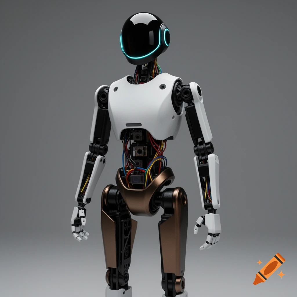 A sleek, futuristic humanoid robot with a black visor, white chest, bronze lower body, and exposed multicolored wires, against a gray background.