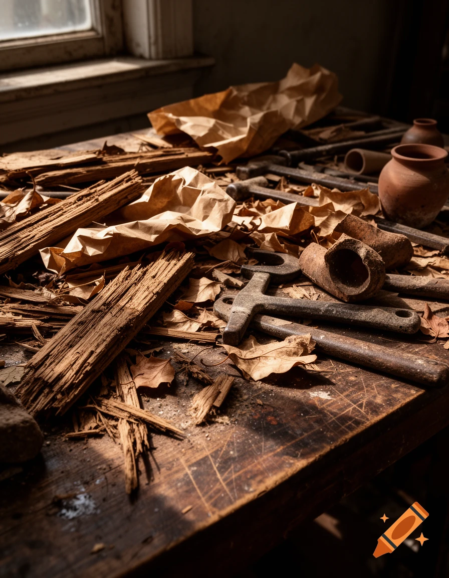 A close-up of a cluttered wooden table filled with broken wood splinters, crumpled brown paper, dry leaves, and old metal tools and pottery fragments. Sunlight streams in from a window on the left, illuminating dust particles.