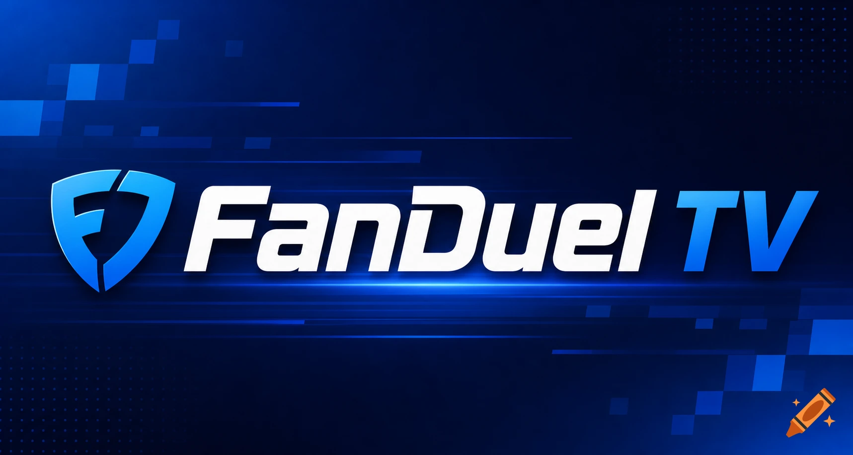 FanDuel TV logo in white and blue, featuring a shield icon, against a dark blue background with abstract lines.