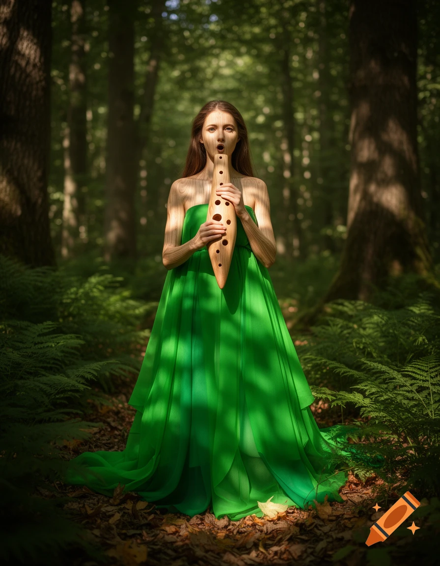 A woman with light wooden grain skin and a flowing green gown plays a wooden ocarina in a sun-dappled forest.