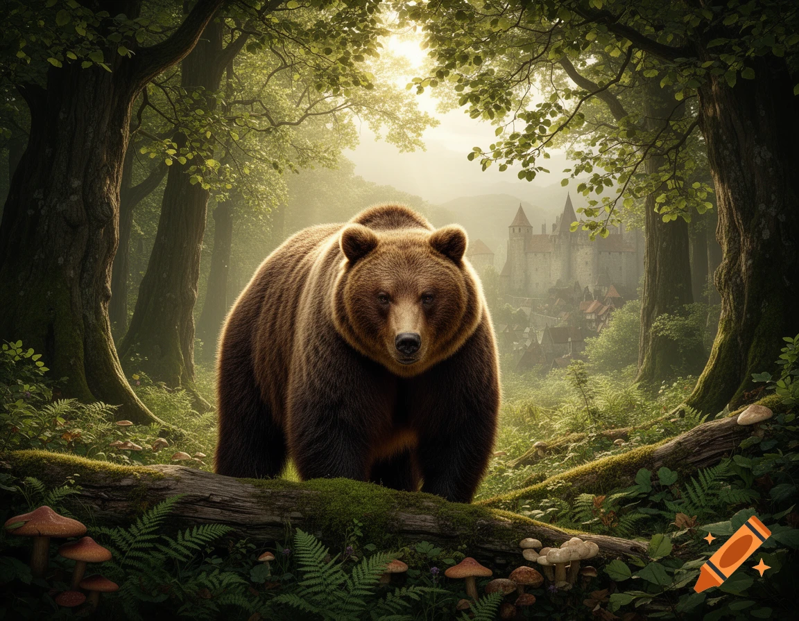 A majestic brown bear stands on a mossy log in a sun-dappled magical forest, with a fairytale castle visible in the misty background.
