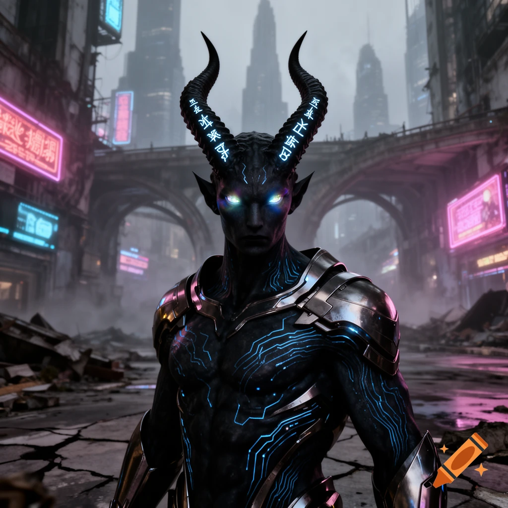 A futuristic demon with glowing eyes, horned head, and cybernetic patterns on its body stands in a ruined cyberpunk city with neon lights.