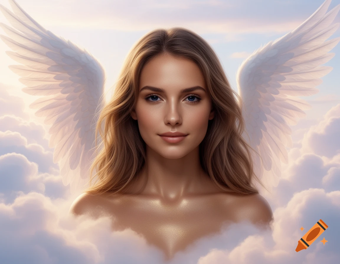 A beautiful female angel with light brown hair and blue eyes, with large white wings, rising from soft clouds in a heavenly sky.