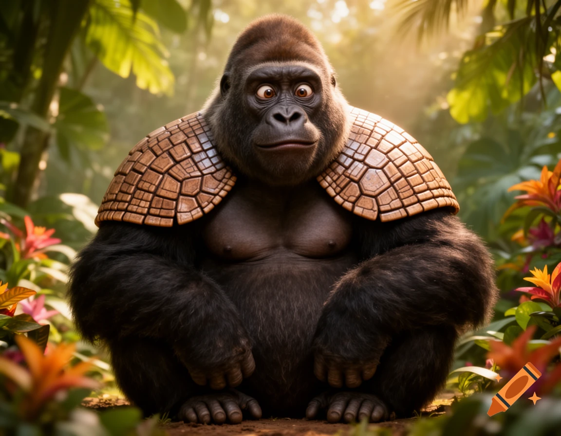 A gorilla wearing patterned, armadillo-like armor on its shoulders, sitting in a lush, sunlit jungle environment amidst green leaves and colorful flowers.