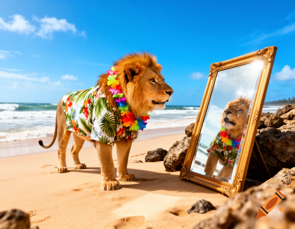 A photorealistic lion in a tropical shirt and lei looks at its reflection in a gold mirror on a sunny beach.