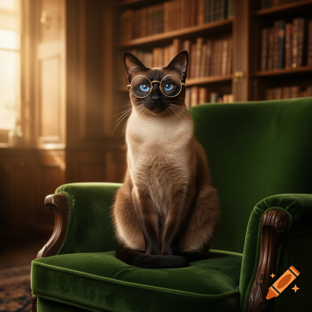 A photorealistic Siamese cat wearing round spectacles sits calmly on a green velvet armchair in a dimly lit library.