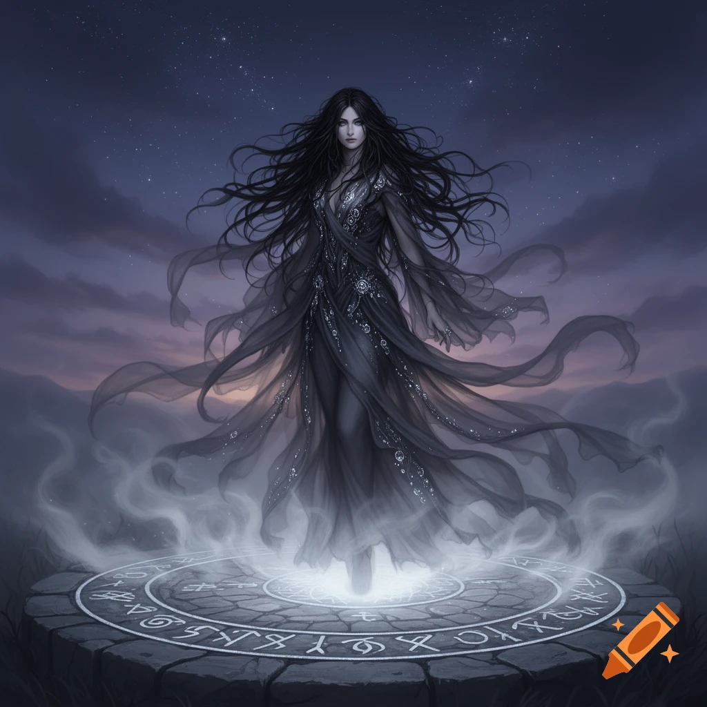 A mystical woman with long dark hair and a flowing gown stands on a glowing runic stone circle under a starry night, illustration.