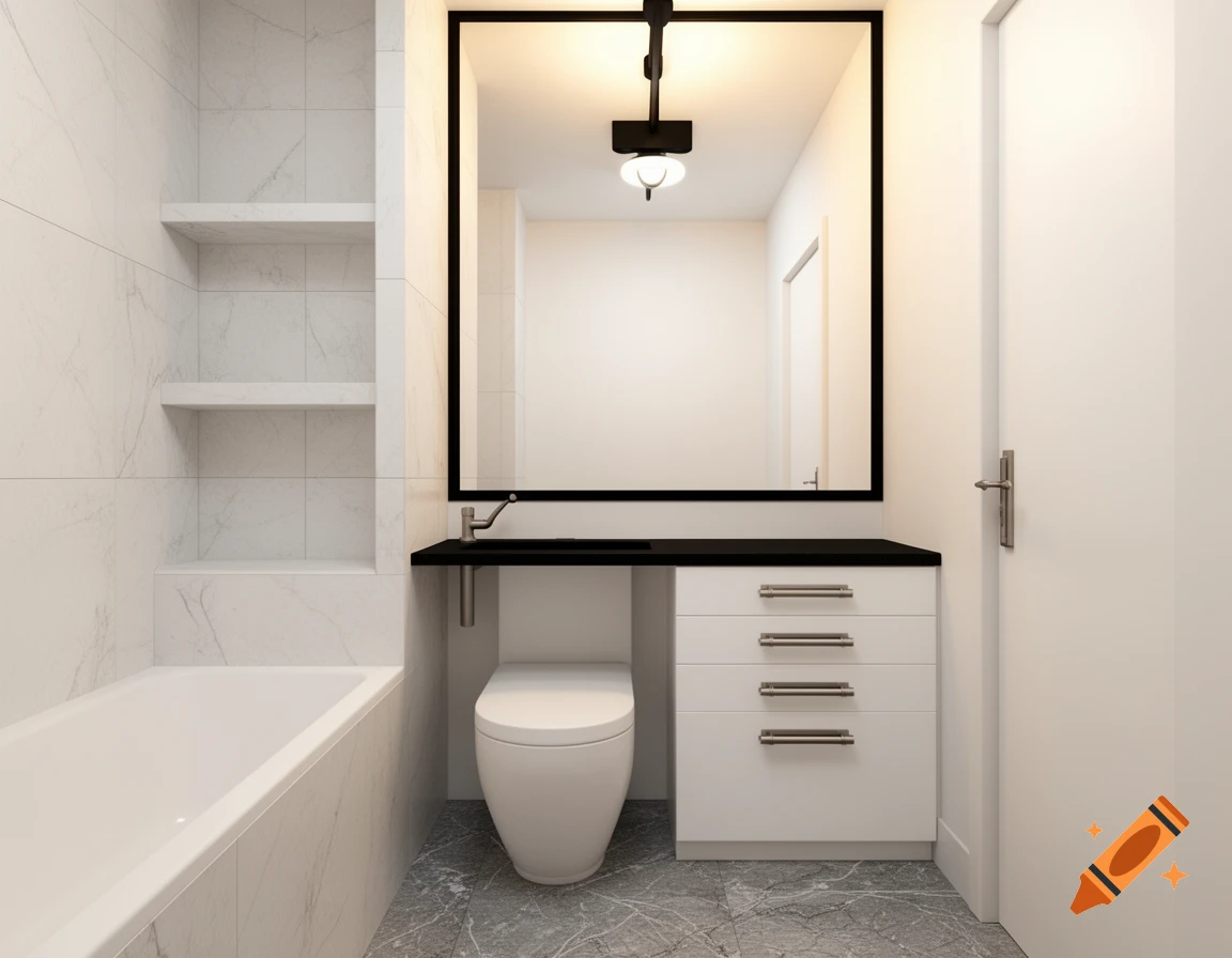 A modern, minimal bathroom with a white bathtub, marble wall tiles, a black-framed mirror, a toilet, and a white vanity with drawers.