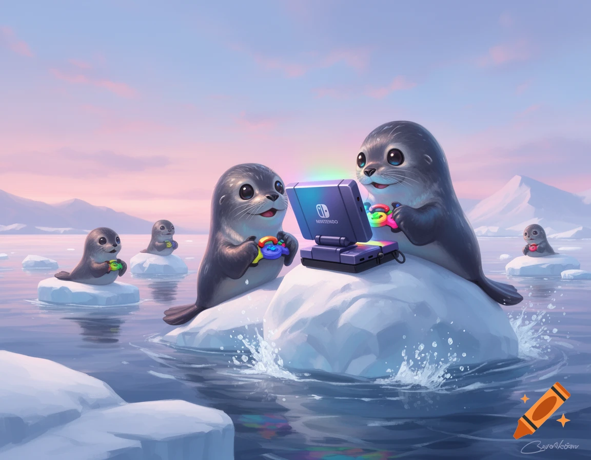 Cute baby seals play Mario Kart on a Nintendo console on ice floes under a pink and blue sky.