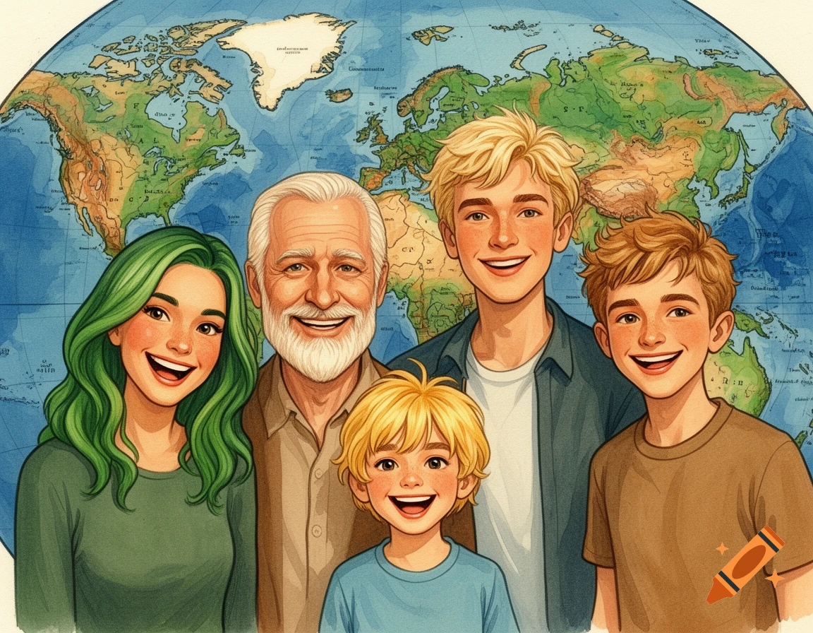 A happy family of five, including a woman with green hair, an older man with a white beard, and three blonde sons of varying ages, smile in a gauche style painting in front of a world map.
