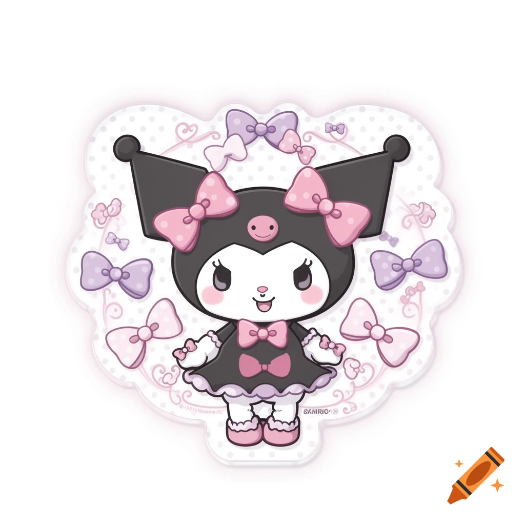 Cute Kuromi sticker illustration in a black dress with pink bows, surrounded by many pink and lavender bows on a white background.