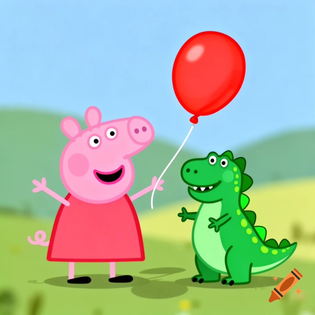 Peppa Pig and a green dinosaur holding a red balloon in a grassy field under a blue sky, in a cartoon style.