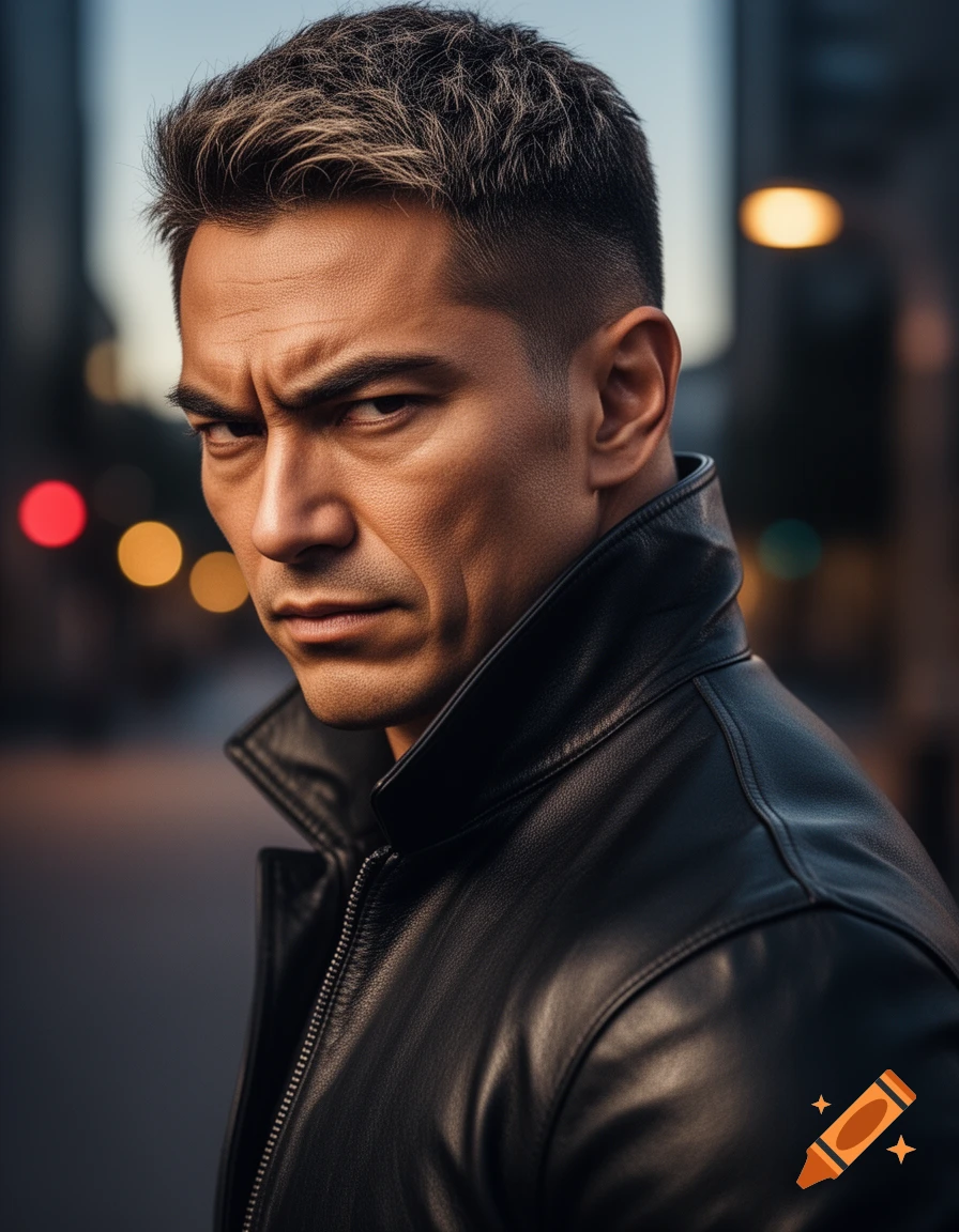 A photorealistic portrait of a serious-looking man with short, styled hair and a black leather jacket, against a blurred city background.