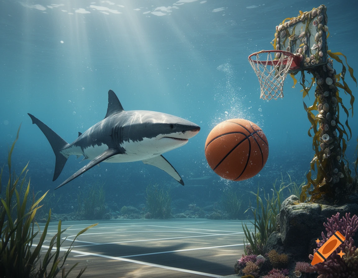 A photorealistic great white shark swims underwater next to a basketball court, with a basketball floating near an algae-covered hoop.