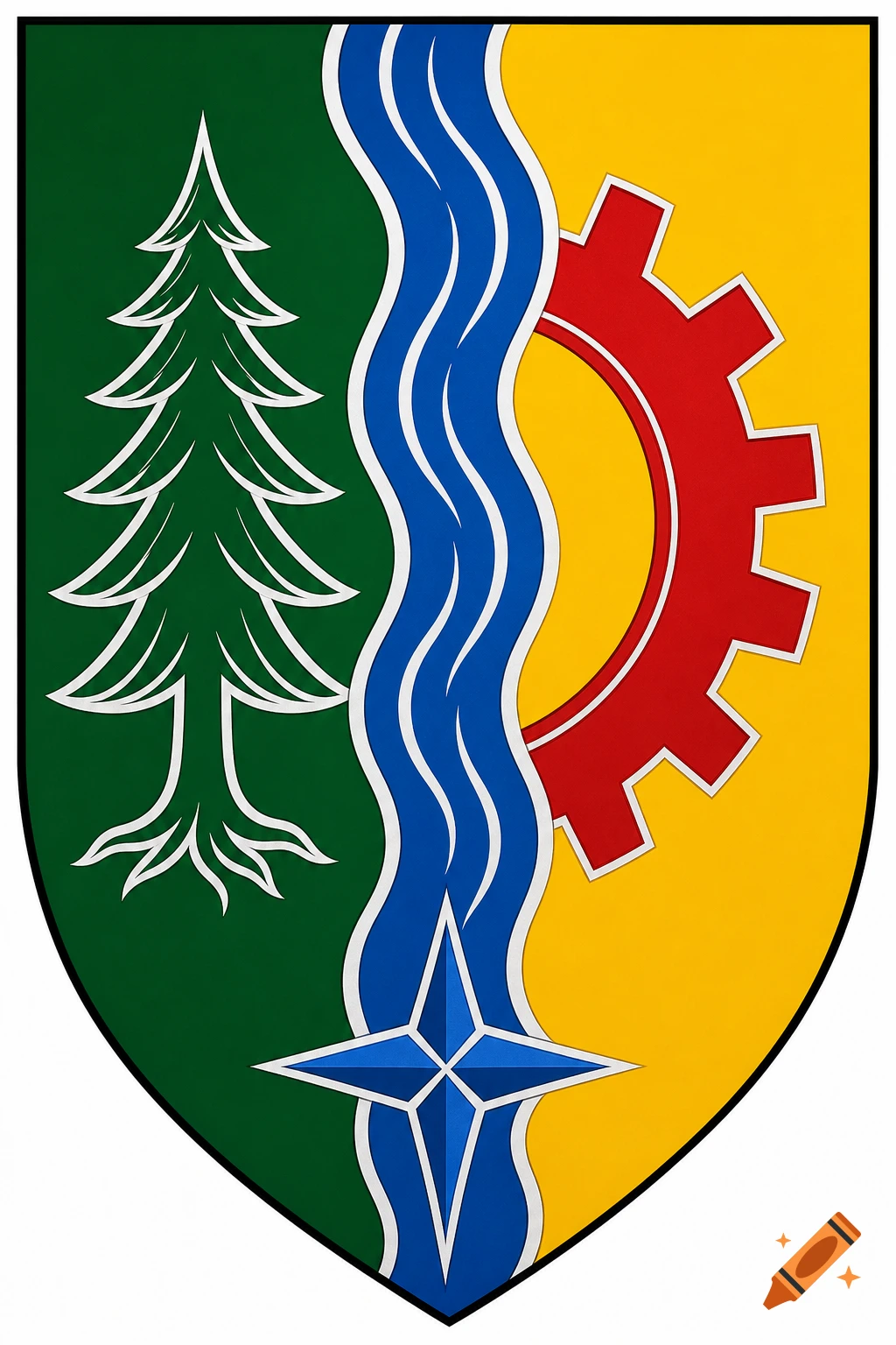 A heraldic shield with green, yellow, and blue sections, featuring a white stylized pine tree, a red gear, a wavy blue river, and a blue star.