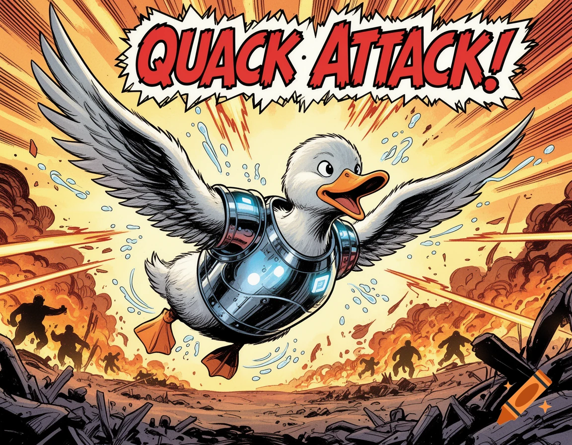 A comic book panel shows an armored duck flying over a battleground with explosions, with the text 'QUACK ATTACK!' above.