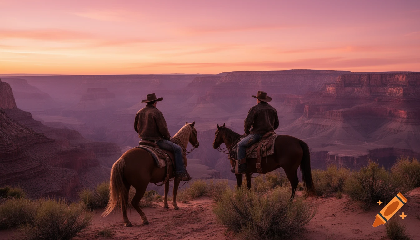 Two cowboys on horseback gaze at a vast canyon landscape bathed in the warm light of a pink and orange sunset.