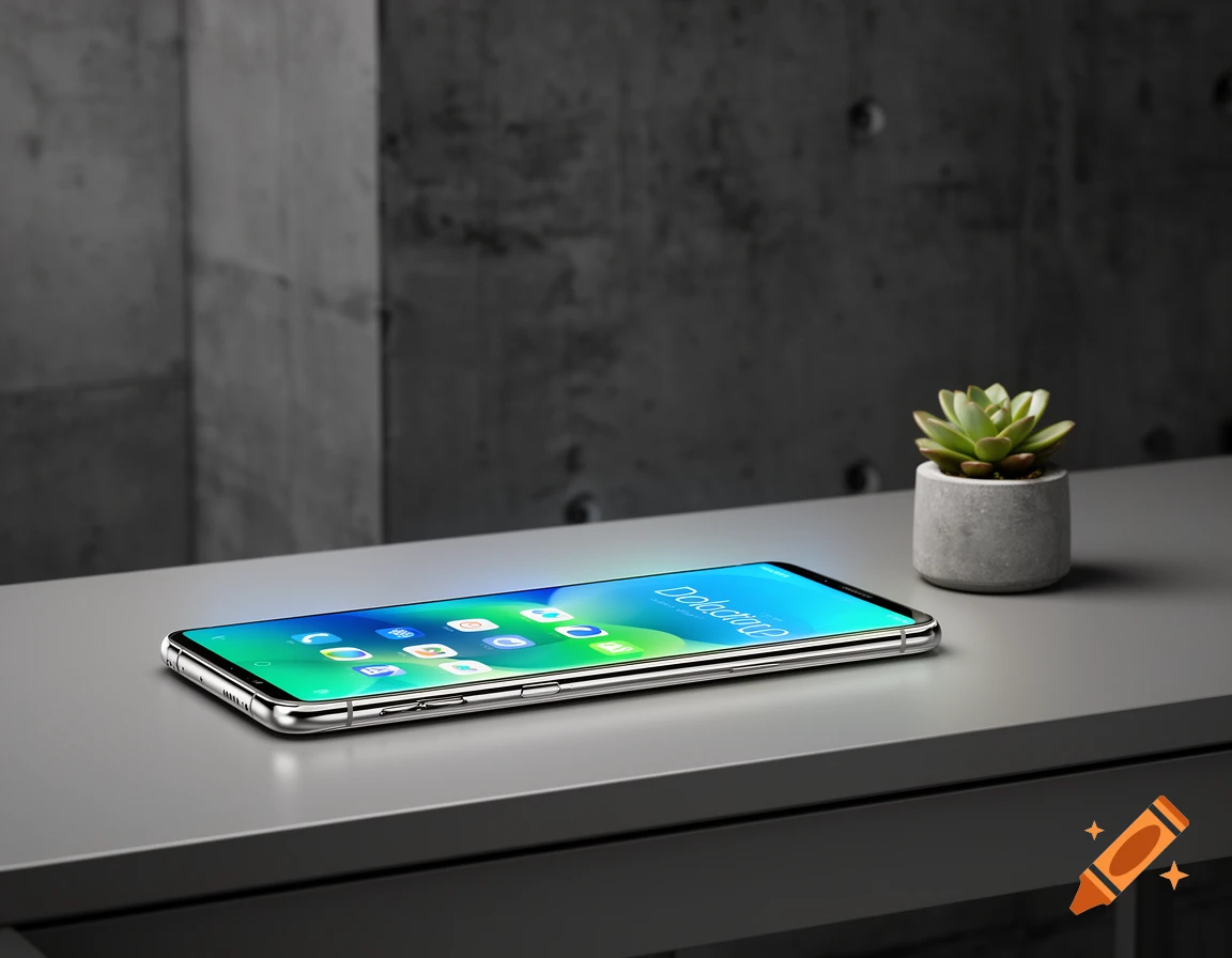 Sleek smartphone with green app screen on a grey table next to a succulent plant, concrete wall in background.