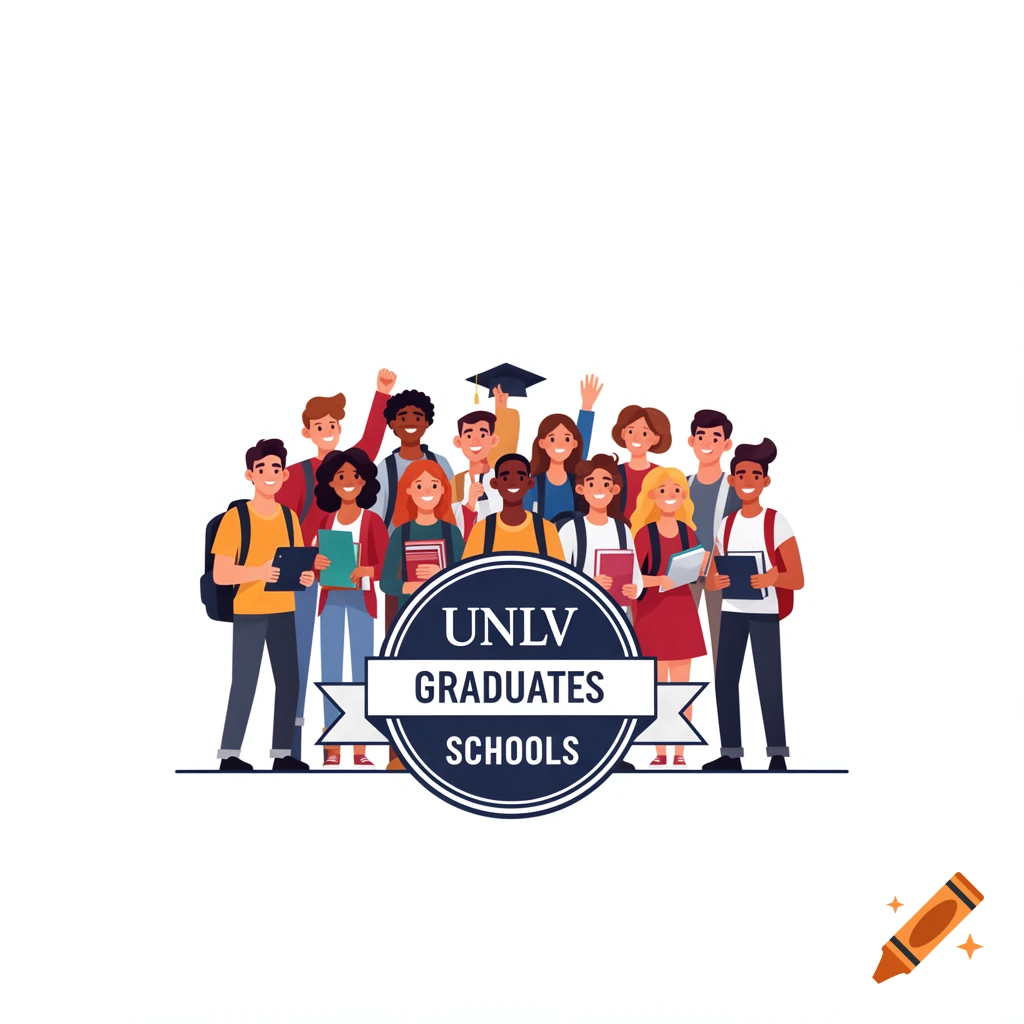 Illustration of diverse students with backpacks and books, some celebrating, around a UNLV Graduates Schools logo.