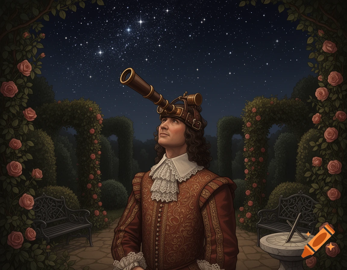 An illustration of a 17th-century European man in a rose garden at night, looking up at the starry sky through a telescope headset.