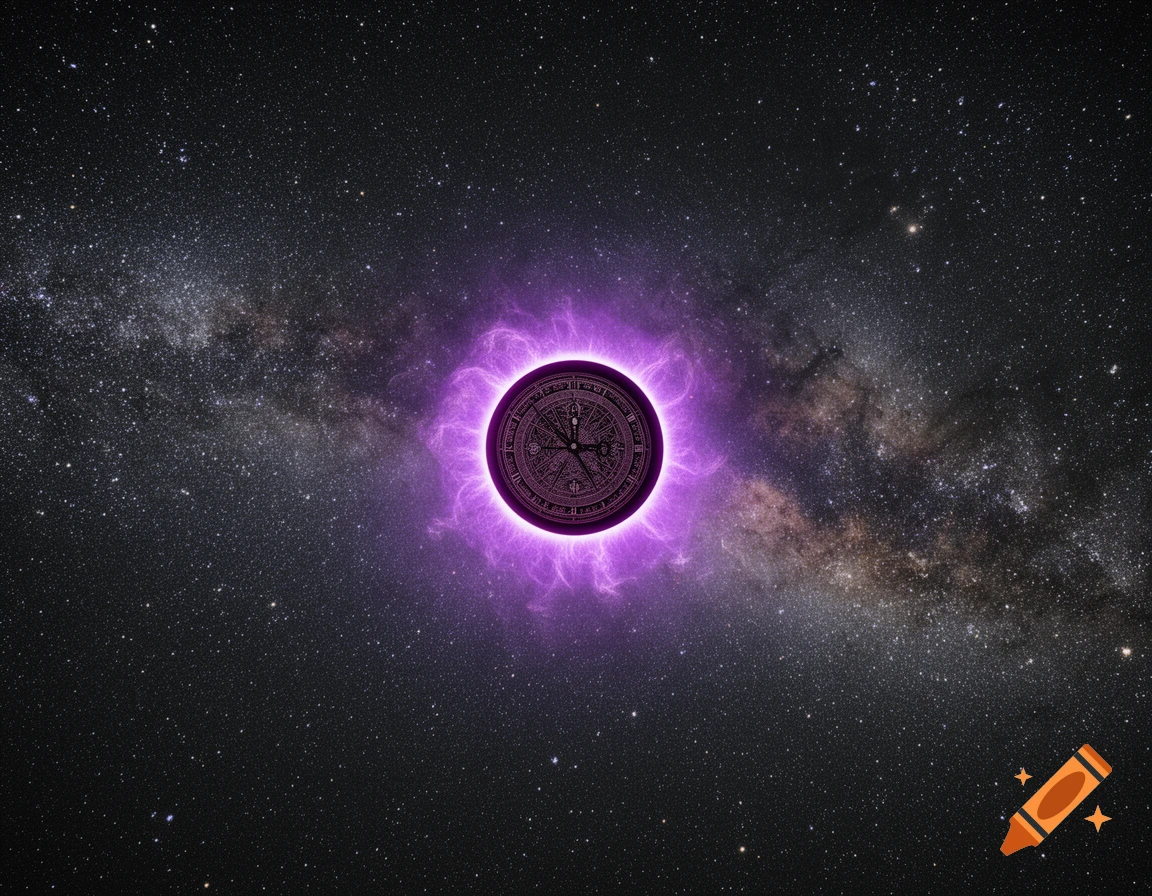 A vibrant electric violet timeless clock with intricate symbols and patterns, glowing brightly against a dark, star-filled sky with the Milky Way galaxy.