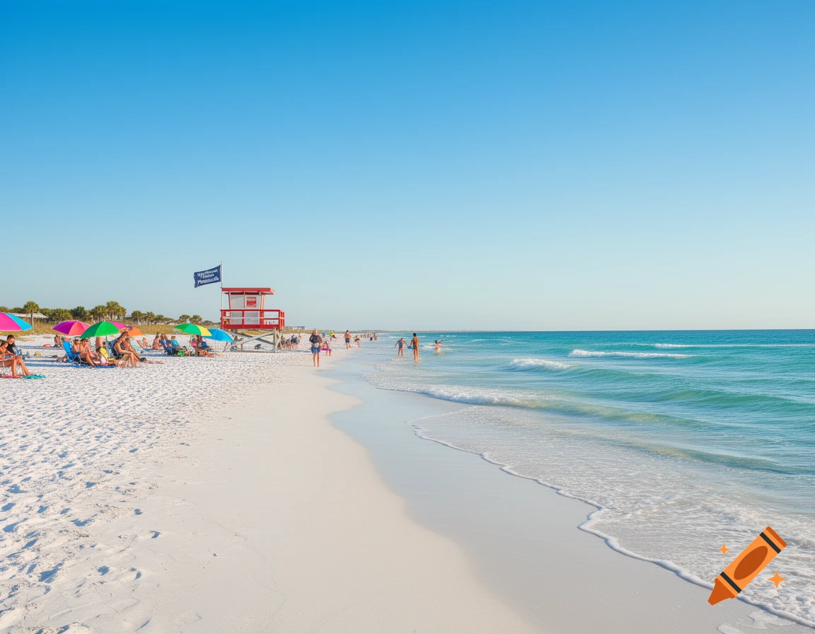 Photorealistic image of a vibrant Pensacola beach with white sand, turquoise water, a red lifeguard tower, and people under colorful umbrellas.