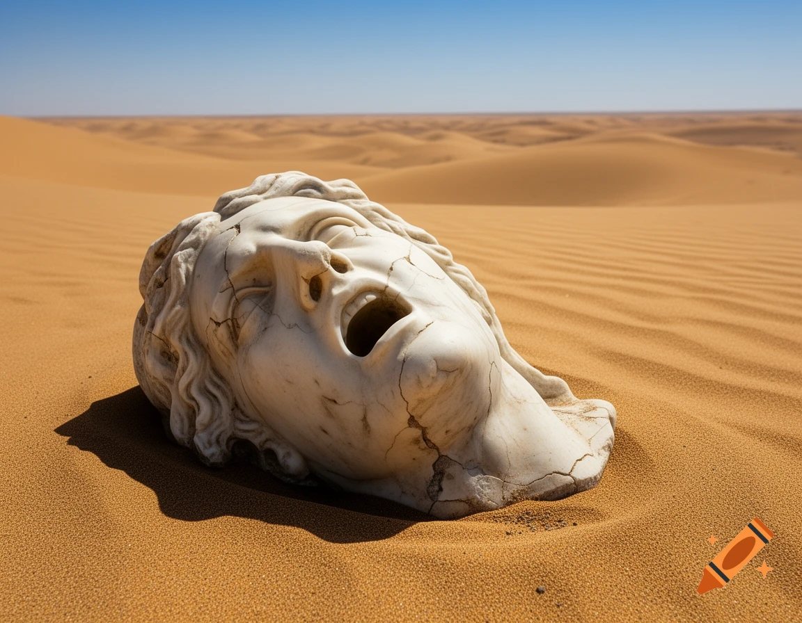 A broken, screaming white marble statue head half-buried in a vast golden desert under a clear blue sky.