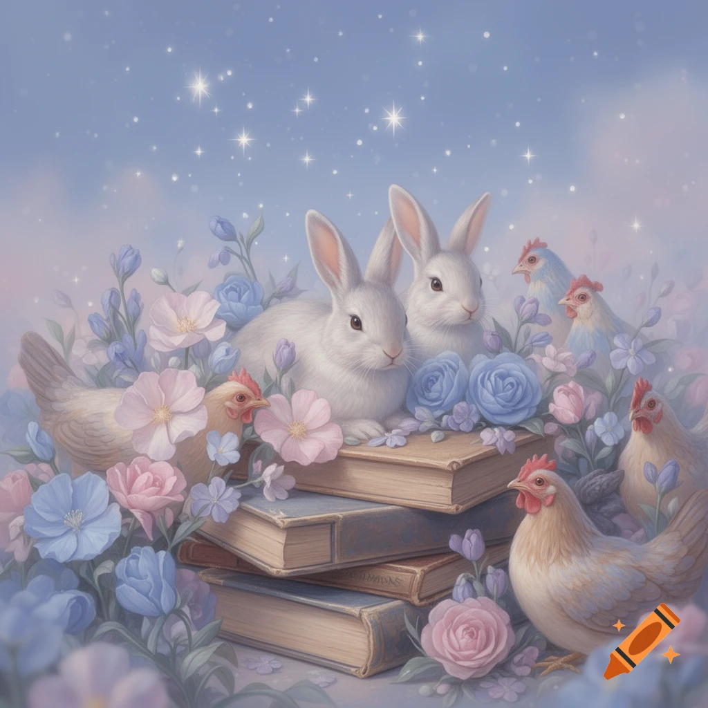Dreamy pastel art featuring two white bunnies and chickens among pink and blue flowers, stacked books, and sparkling stars.