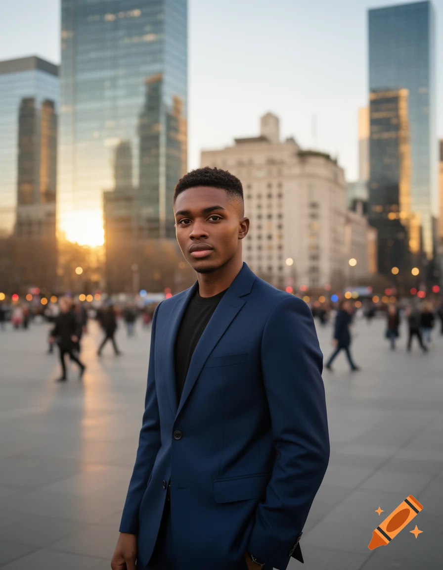 A young Black man in a dark blue suit and black t-shirt stands in a city square at sunset, with skyscrapers and blurred people in the background.