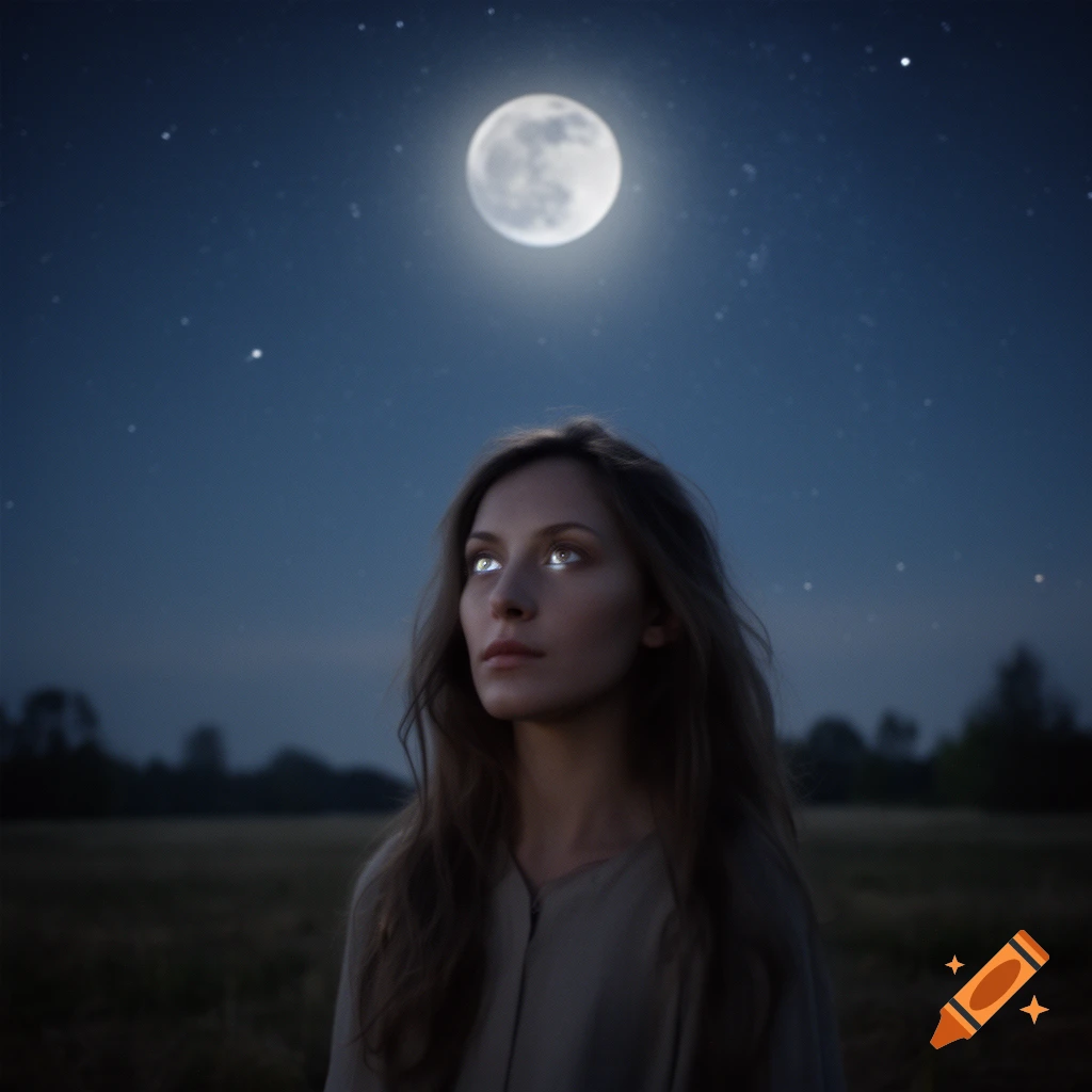 A woman with glowing eyes gazes up at a full moon in a starry night sky over a field.