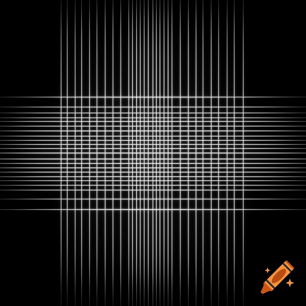 A pattern of glowing white horizontal and vertical lines forming a dense grid in the center, progressively widening towards the edges on a black background.