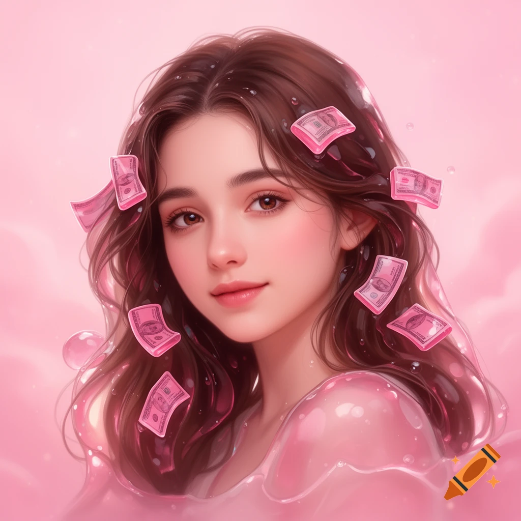 A stylized digital art portrait of a young woman with brown hair, in a pink jelly-like setting, with pink money bills floating around her.