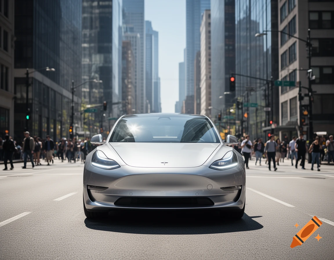 A silver Tesla sedan is centered on a wide city street, flanked by tall glass buildings and blurred pedestrians.