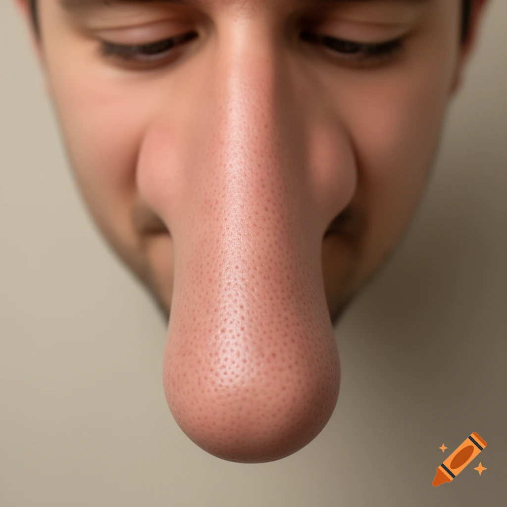 Close-up of a man's face with an unusually long, exaggerated nose, extending well below his chin in a humorous way.