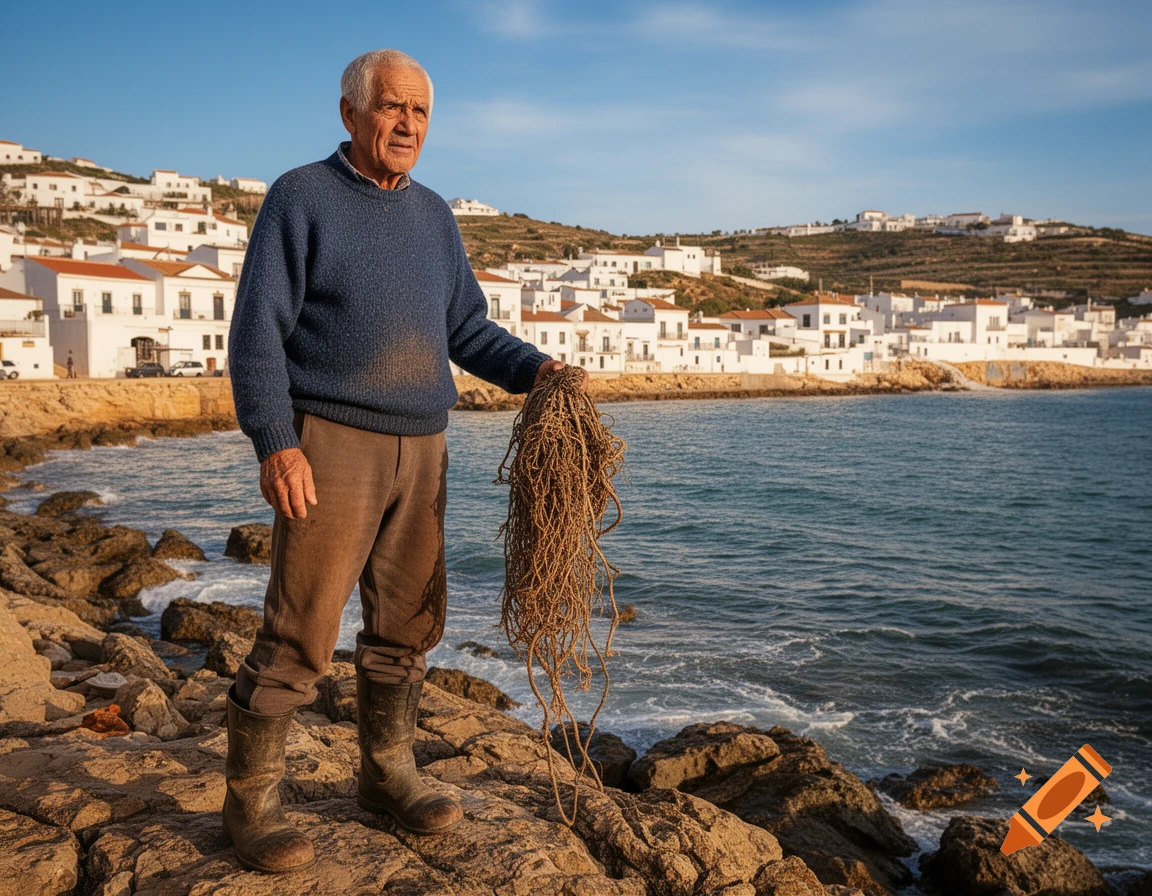 An elderly fisherman holding fishing ropes stands on rocks by the sea, with a white village on a hillside under a blue sky.