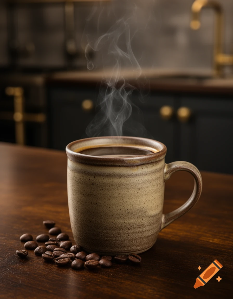 A steaming hot coffee in a rustic ceramic mug with scattered coffee beans on a dark wooden counter, a blurred kitchen in the background. Photorealistic.